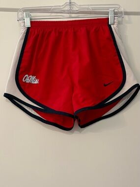 Nike Ole Miss Women's Red Athletic Shorts with Navy Trim and White Panels